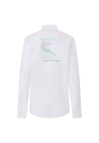 Camisa blanca de manga larga con una textura suave, que presenta un diseño bordado en tonos pastel y el logo "FAÇONNABLE" en la parte trasera. Puños abotonados.