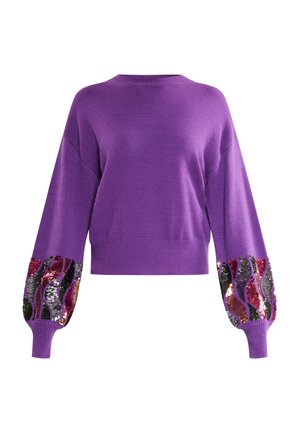 Purple knitted sweater with a round neckline and long, puffed sleeves featuring wave-patterned multicolored sequin accents.