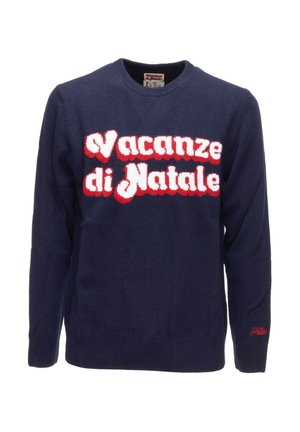 Maglione lavorato a maglia blu navy con il testo audace, bianco e rosso "Vacanze di Natale" sul davanti. Collo rotondo con polsini e orlo a costine.
