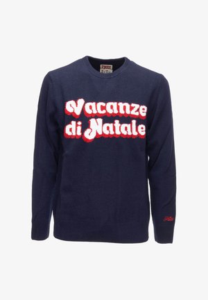 Maglione lavorato a maglia blu navy con il testo audace, bianco e rosso "Vacanze di Natale" sul davanti. Collo rotondo con polsini e orlo a costine.