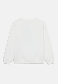 White sweatshirt with long sleeves, crew neck, ribbed cuffs, and hem. Smooth texture, no visible patterns or logos. Rear view displayed.