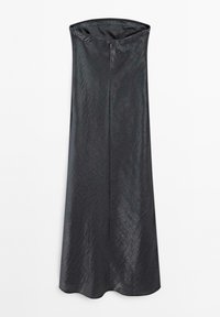 Schwarzes, ärmelloses Maxikleid mit glatter, glänzender Textur und gerader Silhouette. Verfügt über einen verdeckten Reißverschluss auf der Rückseite.