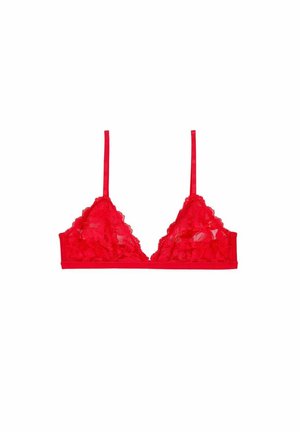 Röd spetsbralette med blommönster, triangulär form, justerbara axelband och underband för stöd. Genomskinlig textur hela vägen igenom.