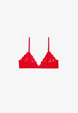 Rote Spitzen-Bralette mit floralem Muster, dreieckiger Form, verstellbaren Trägern und Unterbrustband zur Unterstützung. Durchsichtige Textur im gesamten Design.