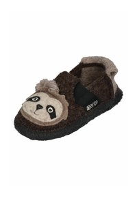 Braune Filzhausschuhe mit einem Faultiergesicht-Design, mit schwarzen Akzenten und einer plüschigen Textur. Rutschfester Stil mit einer schwarzen Gummisohle.