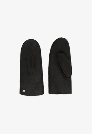Schwarze Lederhandschuhe mit glatter Oberfläche, drei vertikalen Steppnähten auf der Rückseite und einer separaten Daumenöffnung.