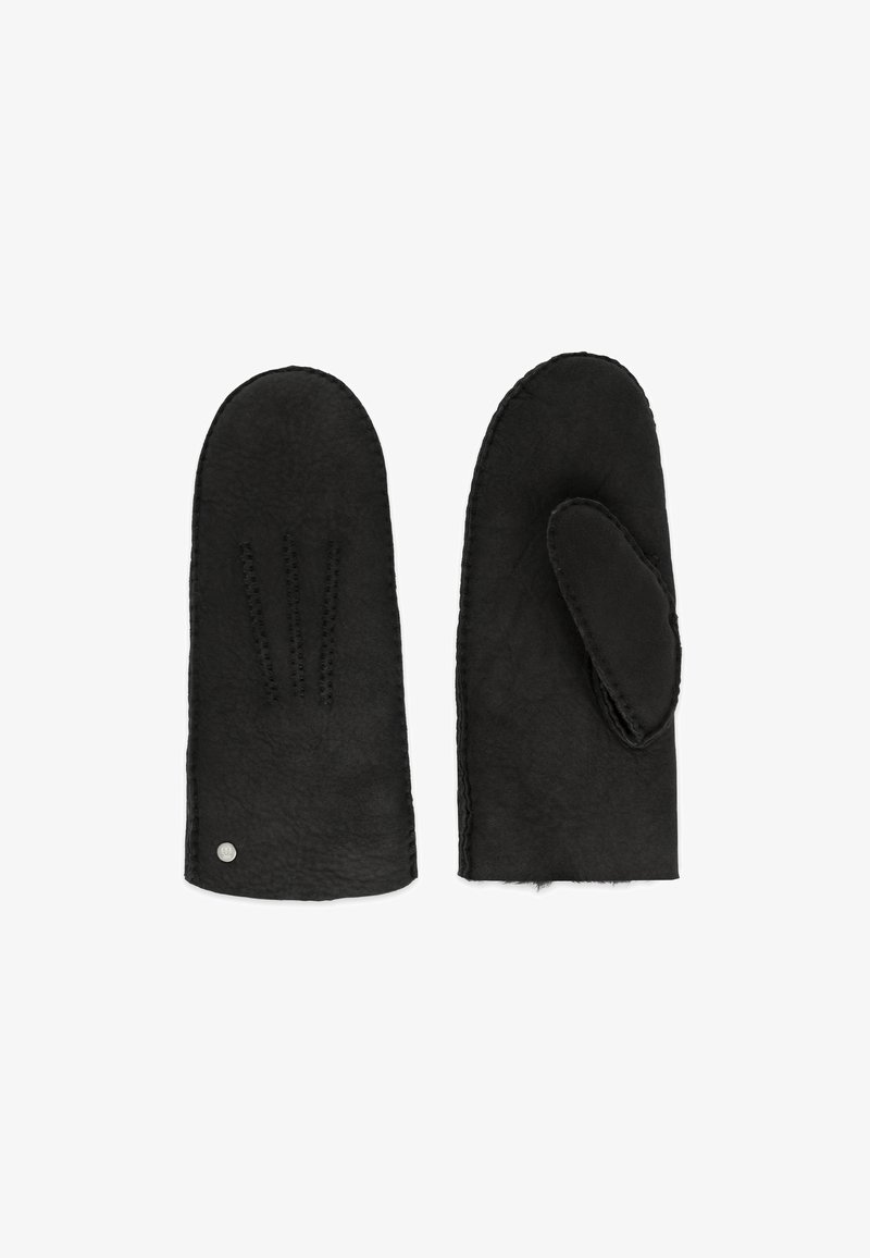 Black leather mittens featuring a smooth texture, three vertical stitched details on the back, and a separate thumb opening.