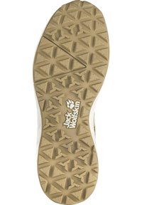 Sko sula med en strukturerad, gummifärgad botten i en beige ton som har ett geometriskt mönster och varumärkeslogotypen "Jack Wolfskin" i vitt.