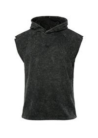 Mouwloze hoodie in donkergrijs, gemaakt van textuurstof met een subtiele glans. Bevat een kangoeroezak en een subtiel logo op de borst.