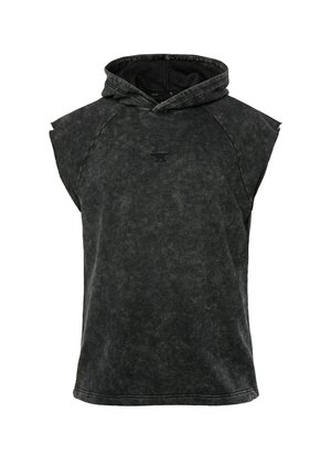 Sleeveless hooded top in dark gray, made of textured fabric with a slight sheen. Features a kangaroo pocket and subtle logo on the chest.