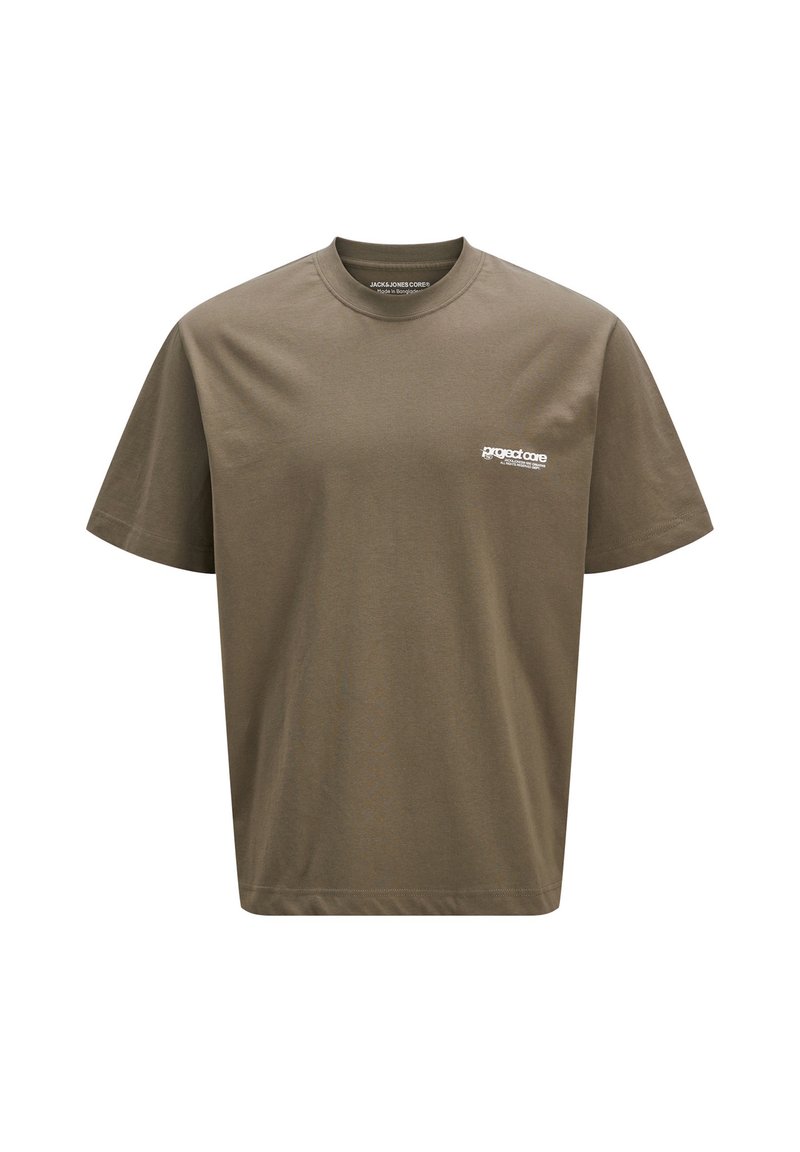 Camiseta de algodón de color verde oliva con cuello redondo, mangas cortas y un pequeño logo blanco de "projectcore" en el lado izquierdo del pecho. Diseño sencillo.