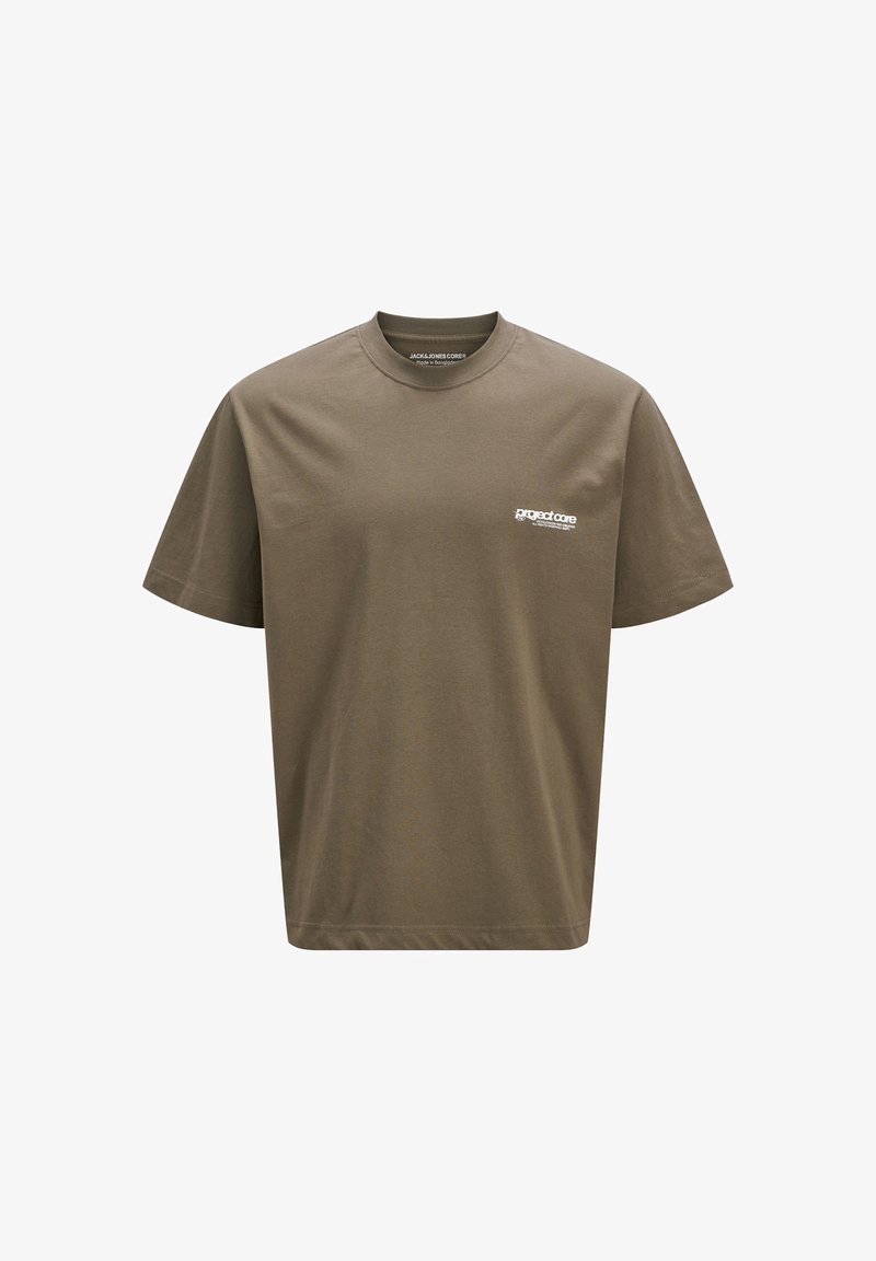 Olivengrøn bomulds t-shirt med rund halsudskæring, korte ærmer og et lille hvidt "projectcore" logo på venstre bryst. Enkel design.