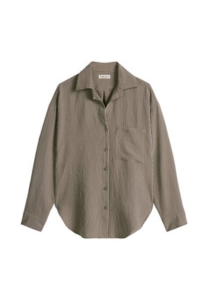 Brązowa i biała koszula w pionowe paski z długim rękawem zapinana na guziki, z kieszenią na piersi i ostrym kołnierzykiem, luźny krój.