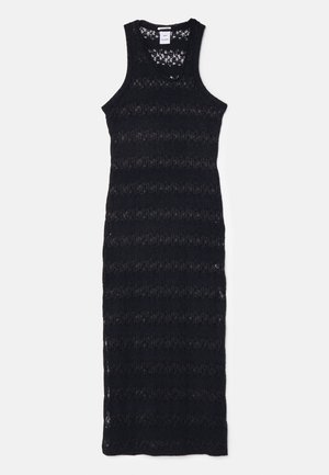 Black knit dress with a long, fitted shape. Features a textured striped pattern and a scoop neck. Lightweight, breathable material.