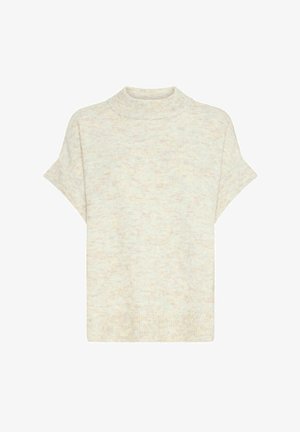 Light beige short-sleeve sweater with a high neckline, soft, textured knit pattern, and ribbed hem. Minimalist design with subtle color variation.