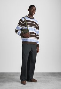 Pull rayé en bleu, blanc et marron, porté avec un pantalon sombre et des chaussures marron. Un sac à bandoulière olive avec une sangle ajustable est porté.