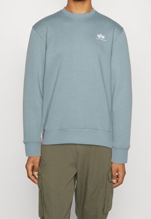 Person trägt hellblauen Pullover mit kleinem weißem Logo auf der Brust und olivgrüne Cargohosen, steht vor einfarbigem Hintergrund.