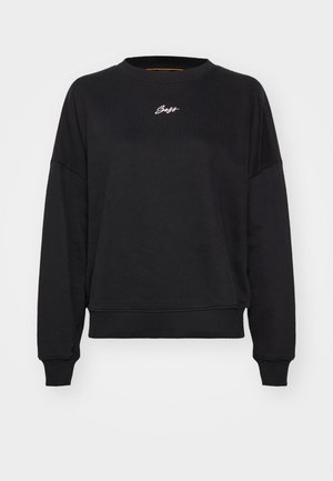 Black sweatshirt with a round neck, dropped shoulders, and ribbed cuffs. Features subtle white logo embroidery on the chest. Smooth fabric texture.