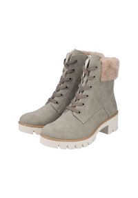 Grijze suède enkellaarsjes met een nepbont kraag, vetersluiting en een chunky witte plateausole. Bevat stiksels en metalen oogjes.