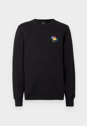 Black long-sleeve crewneck sweatshirt with a small colorful zebra design on the left chest, featuring red, yellow, blue, and green accents.