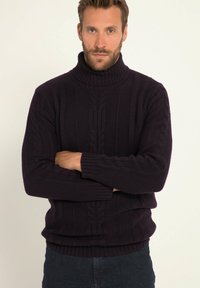 Dunkellila gestrickter Pullover mit hohem Kragen, der Zopfmuster sowie gerippten Bündchen und Saum aufweist. Über dunklen Jeans getragen.