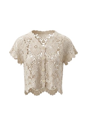 Beige short-sleeve crochet cardigan with floral patterns, scalloped edges, and five front buttons.