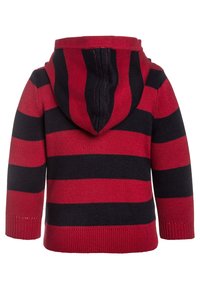 Felpa a righe rosse e navy con cappuccio regolabile, polsini e orlo a coste. Tessuto a maglia liscia, tessuto di peso medio.