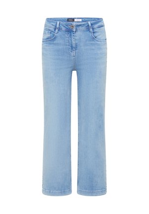 Jasnoniebieskie jeansy denim o prostym kroju nogawek, z przodem zapinanym na guzik i zamek oraz kieszeniami z przodu i z tyłu.