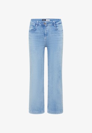 Světlé modré džíny z denimu s rovným střihem nohavic, předním zapínáním na knoflík a zip a předními i zadními kapsami.