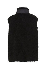 Czarna kamizelka z polaru o miękkiej, teksturowanej powierzchni, z wysokim kołnierzem i bezrękawnikowym krojem. Prosty, nieozdobiony widok z tyłu.
