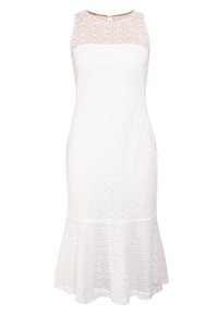 Vit klänning med en figurnära liv, spetsöverdrag på toppen och utsvängd nederkant. Texturerat tyg med en scallopdetalj.