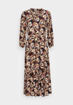 Robe à fleurs à manches longues avec des fleurs beige, marron, bleues et rouges, col en V et ceinture nouée à la taille.