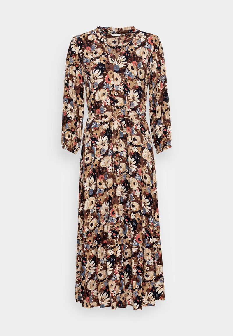 Robe à fleurs à manches longues avec des fleurs beige, marron, bleues et rouges, col en V et ceinture nouée à la taille.