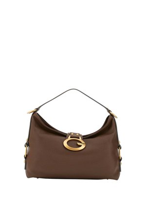 Borsa a mano in pelle marrone con una texture liscia, forma curvata, accentuata da dettagli in metallo dorato e manico corto. Presenta una chiusura con fibbia logo.