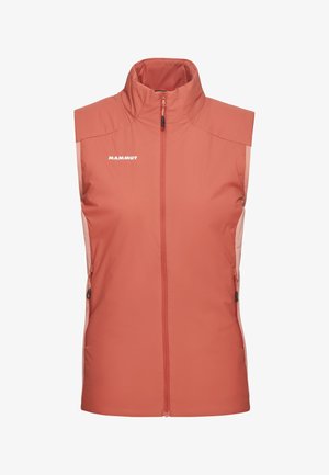 Rote Weste mit hohem Kragen und frontalem Reißverschluss, aus leichtem Stoff hergestellt. Verfügt über Seitentaschen und ein weißes Logo auf der Brust.