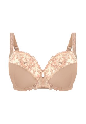 Beige beha met een bloemrijke kantlaag, beugelondersteuning, verstelbare bandjes en een kleine decoratieve opengewerkte detail aan de voorkant in het midden.