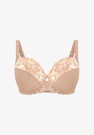 Beige beha met een bloemrijke kantlaag, beugelondersteuning, verstelbare bandjes en een kleine decoratieve opengewerkte detail aan de voorkant in het midden.