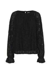 Top in pizzo nero con maniche lunghe, polsini a scallop e una vestibilità leggermente ampia, con scollatura rotonda e chiusura a bottoni sul retro.