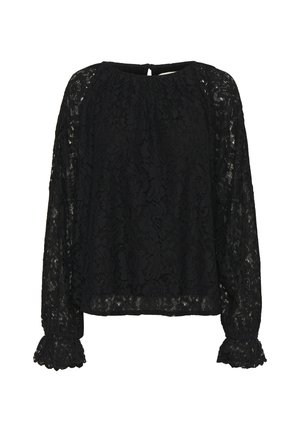 Schwarzes Spitzenoberteil mit langen Ärmeln, gewelltem Saum und einer leicht lockeren Passform. Es besitzt einen runden Ausschnitt und eine Knopfverschluss am Rücken.