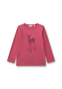 Langärmliges, pinkfarbenes Shirt aus Baumwolle, mit einem dunkellila Hirsch-Design, der mit Punkten und darunter gedruckten Blumen verziert ist.