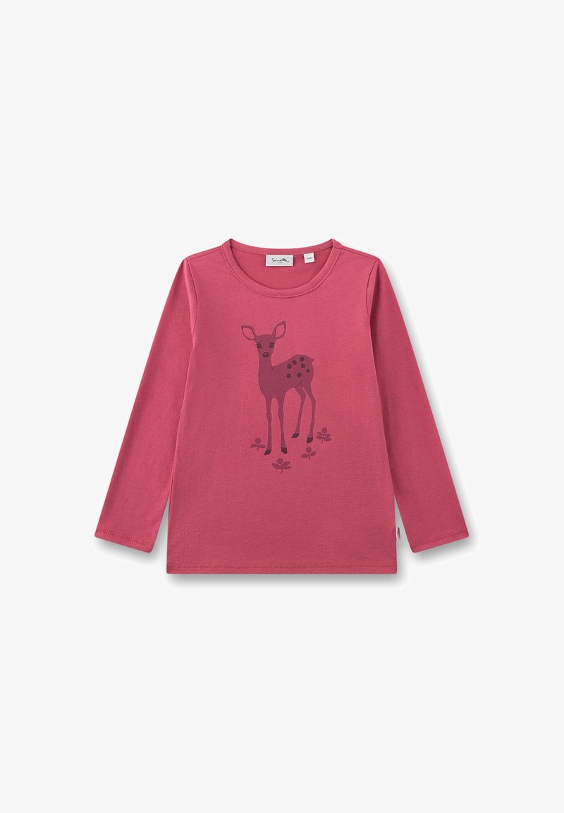 Langärmliges, pinkfarbenes Shirt aus Baumwolle, mit einem dunkellila Hirsch-Design, der mit Punkten und darunter gedruckten Blumen verziert ist.