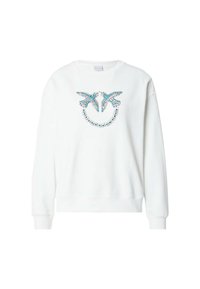 Felpa bianca a maniche lunghe, con un design decorativo di strass blu e argento a forma di uccelli e di una faccina sorridente.