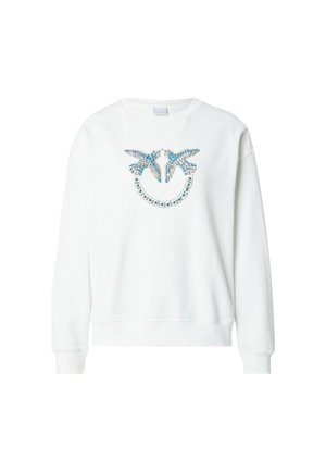 Felpa bianca a maniche lunghe, con un design decorativo di strass blu e argento a forma di uccelli e di una faccina sorridente.