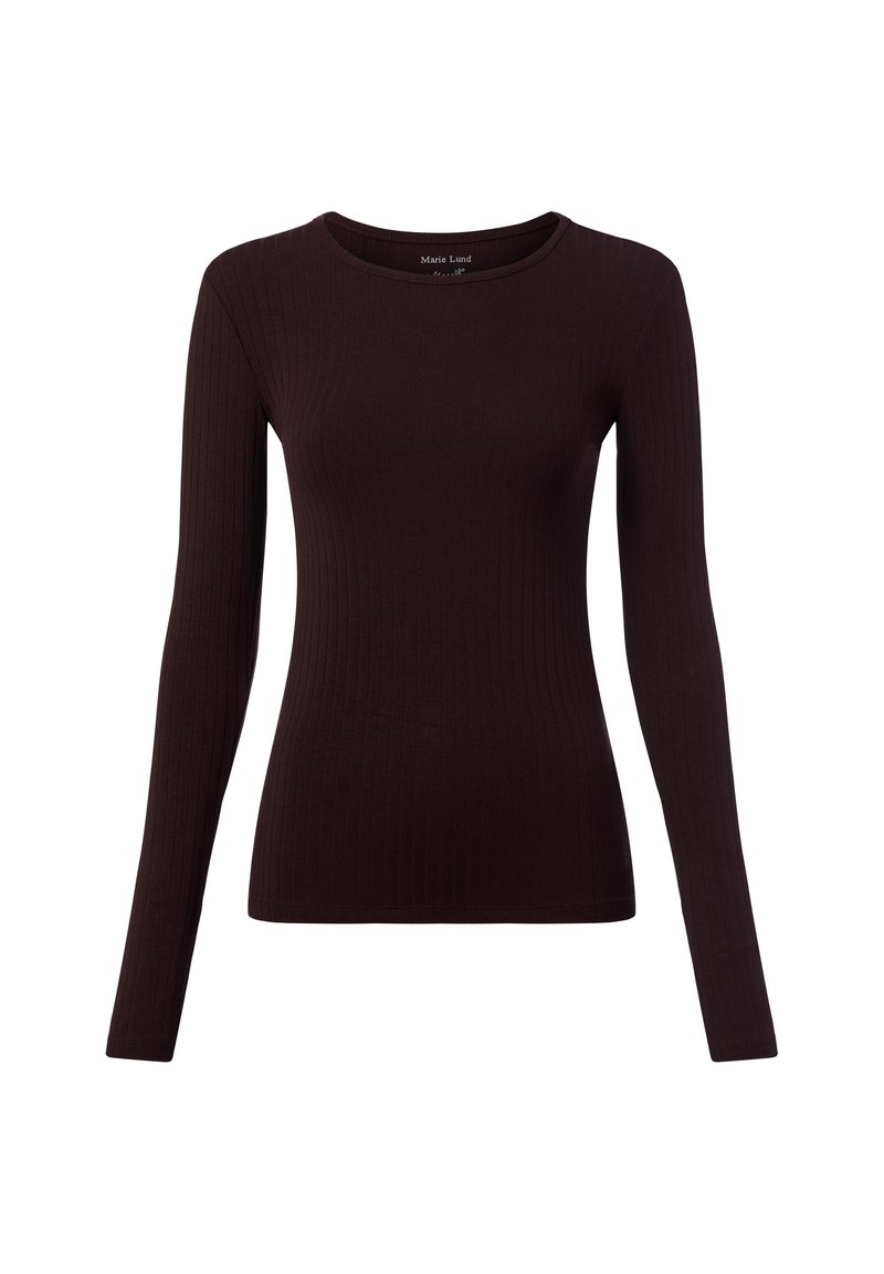 Langärmliges, geripptes Oberteil in tiefem Burgunderrot. Mit Rundhalsausschnitt und figurbetonter Silhouette. Hergestellt aus einem weichen, elastischen Stoff.