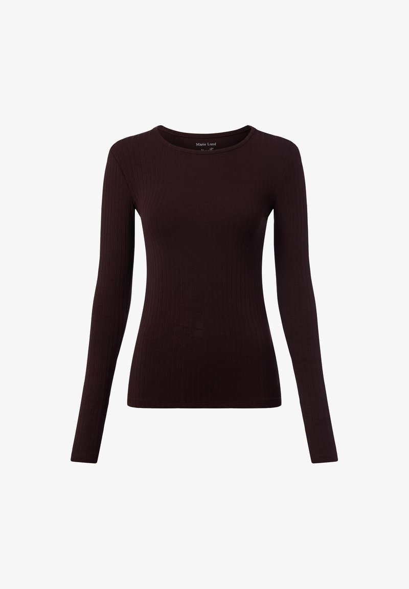 Długi rękaw ribbed top w głębokim burgundzie. Posiada okrągły dekolt i dopasowany krój. Wykonany z miękkiego, elastycznego materiału.
