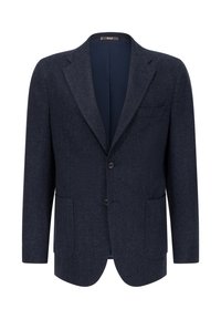 Granatowy blazer w jodełkę z wyciętymi klapami, dwoma guzikami i klapkowymi kieszeniami. Wnętrze ma gładką, ciemną podszewkę. Materiał z fakturowanej wełny.