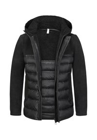 Schwarze Jacke mit gepolstertem Vorderteil und glatten, wildlederähnlichen Ärmeln. Sie hat eine gemütliche, fleecegefütterte Kapuze und einen Reißverschluss vorne.