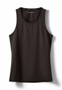 Čierny bezrukávový top vyrobený z hladkej, elastickej tkaniny. Má klasický okrúhly výstrih a ploché švy pre pohodlie. Veľkosť malá.