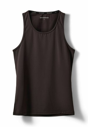 Melnā bez piedurknēm auduma blūze, kas izgatavota no gludas, elastīgas vielas. Iezīmē klasisku apaļu kakla izgriezumu un gludas šuves komfortam. Izmērs: mazs.