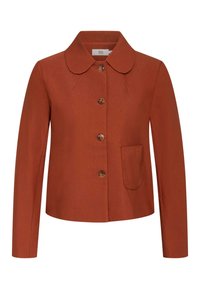 Kurtka w kolorze rdzawego pomarańczu z kołnierzem, zapinana na pięć guzików, z jedną przednią kieszenią. Gładka faktura, dopasowany krój.